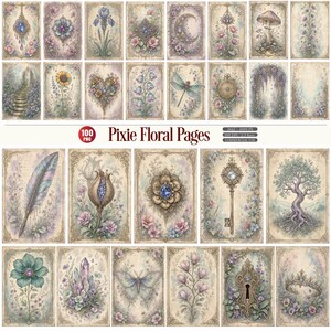Könnte beinhalten: Eine Sammlung von 100 digitalen PNG-Seiten mit dem Titel Pixie Floral Pages, die rechteckige Illustrationen mit verzierten Goldrändern zeigen. Die Motive umfassen Blumen, Pilze, Schlüssel, Kristalle, Federn und Schmetterlinge in sanften Pastelltönen.