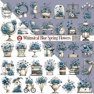May include: A collection of digital clipart illustrations featuring various objects adorned with blue flowers, including a globe, typewriter, bicycle, harp, and clock. The text reads Whimsical Blue Spring Flowers, 70 PNG, 300 DPI, and Commercial Use.