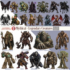 Könnte beinhalten: Eine digitale Sammlung von 80 Illustrationen mythischer und legendärer Kreaturen, darunter ein mottenartiges Wesen, ein Kobold, eine Schildkrötenkreatur, ein dunkler Zauberer, eine Hydra, ein Werwolf, ein Wasserspeier, ein Drache und ein Riese.