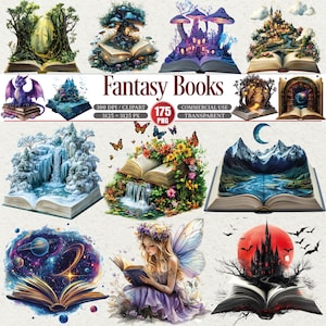 以下が含まれることがあります： ファンタジーをテーマにしたイラストのコレクション。詳細なシーンが描かれた開いた本が特徴です。紫色のドラゴン、滝、城、本を読む妖精などの画像が含まれています。「Fantasy Books」のテキストが表示されています。