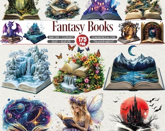 May include: A collection of fantasy-themed illustrations featuring open books with detailed scenes. The images include a purple dragon, waterfalls, castles, and a fairy reading. The text "Fantasy Books" is displayed.