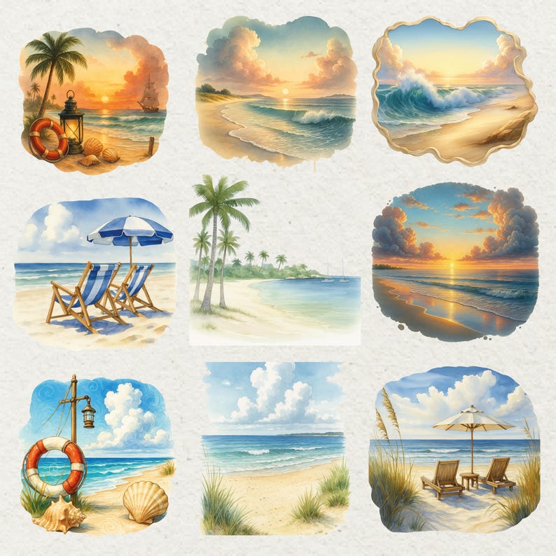 May include: Watercolor paintings of beach scenes. Each painting features a beach with palm trees, ocean waves, and a sunset or sunrise. Some paintings include beach chairs, umbrellas, and a life preserver.