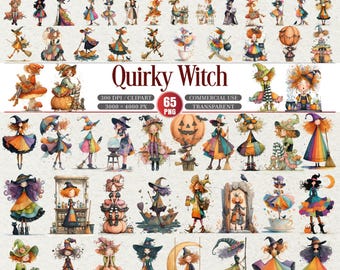 Quirky Witch Clipart Set Whimsical Halloween Witch PNG