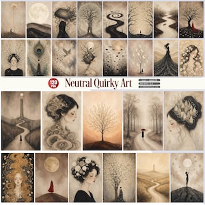 May include: A collection of 120 digital art prints in neutral tones featuring surreal illustrations of figures, trees, winding paths, moons, and floral motifs. The text Neutral Quirky Art is displayed centrally with technical specifications for the PNG files.