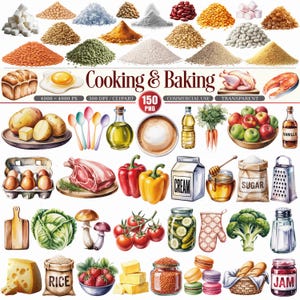 May include: Watercolor illustration of cooking and baking ingredients. The image includes various grains, vegetables, fruits, and dairy products. The text "Cooking & Baking" is displayed prominently, along with the text "150 PNG".