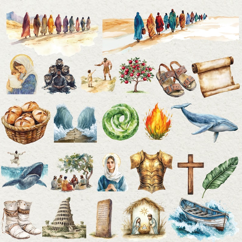 May include: Watercolor illustrations of biblical scenes and symbols. Depicted are figures walking, a basket of bread, a whale, a cross, a boat, and other religious imagery. The color palette includes earth tones, blues, and greens.