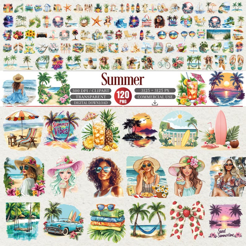 Summer Beach Clipart Bundle PNG Transparent Set 120 Designs - Etsy
