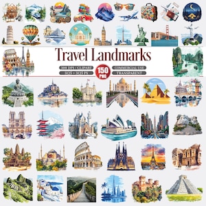 May include: A collection of watercolor illustrations of world landmarks, including the Eiffel Tower, Taj Mahal, and Statue of Liberty. The text "Travel Landmarks" is displayed prominently. The image also includes a variety of travel-themed graphics.