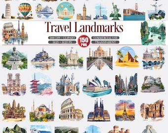 May include: A collection of watercolor illustrations of world landmarks, including the Eiffel Tower, Taj Mahal, and Statue of Liberty. The text "Travel Landmarks" is displayed prominently. The image also includes a variety of travel-themed graphics.