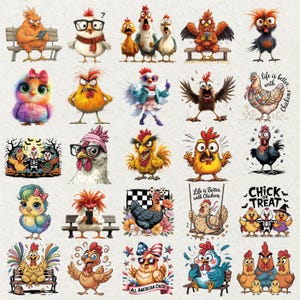 May include: A collection of colorful cartoon chicken illustrations in various poses and styles. Some chickens wear glasses, scarves, and hats. Some images include text that says "Life is Better with Chickens", "Chick or Treat", and "All American Chick".