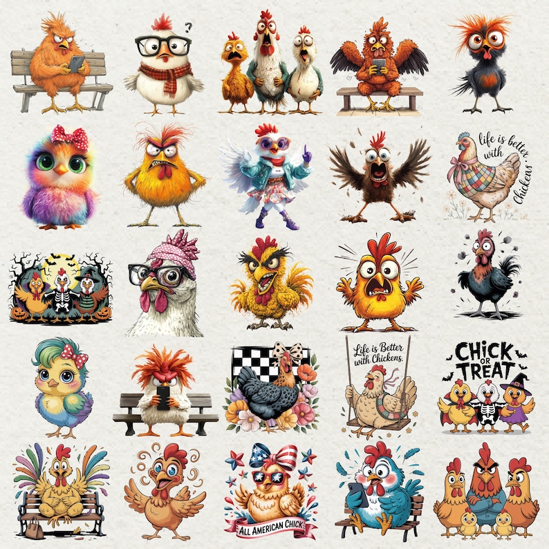 May include: A collection of colorful cartoon chicken illustrations in various poses and styles. Some chickens wear glasses, scarves, and hats. Some images include text that says "Life is Better with Chickens", "Chick or Treat", and "All American Chick".
