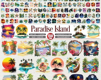 Paradise Island Tropical Beach Scenery Clipart Bundle PNG