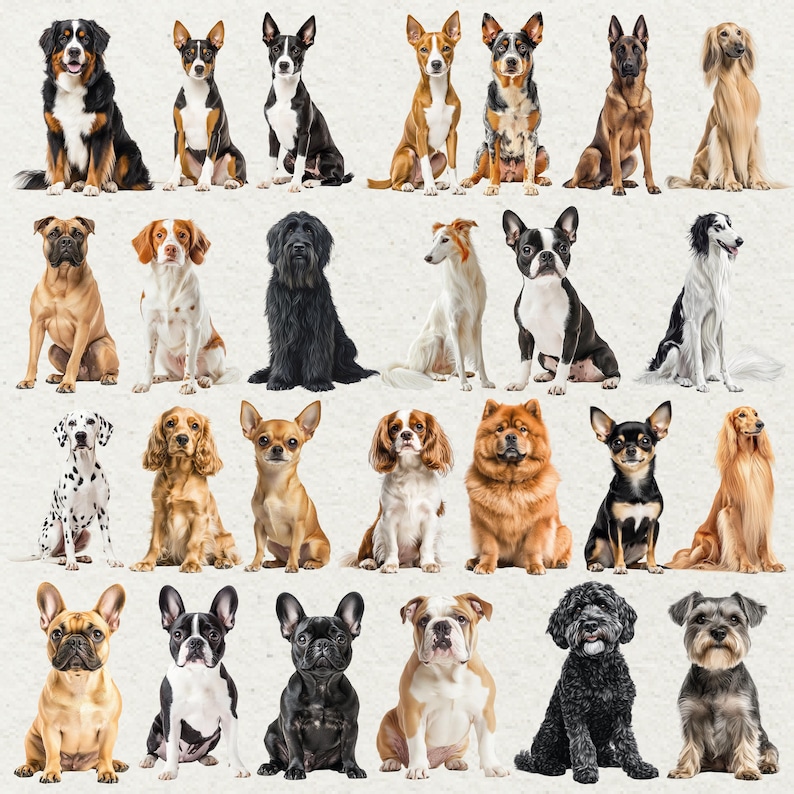 May include: A collection of various dog breeds, each in a seated position, against a neutral background. The dogs showcase a range of sizes, colors, and coat types, including breeds like a Bernese Mountain Dog, a Dalmatian, and a Bulldog.