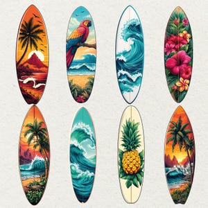May include: Eight surfboards with vibrant tropical designs. Each board showcases a unique illustration, such as ocean waves, a parrot, hibiscus flowers, and a pineapple. The boards feature various colour schemes, including orange, blue, and green.