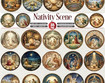 May include: A collection of 20 circular watercolor illustrations depicting Nativity scenes. Each image features the Holy Family, animals, and shepherds in various settings, with text that reads "Nativity Scene".