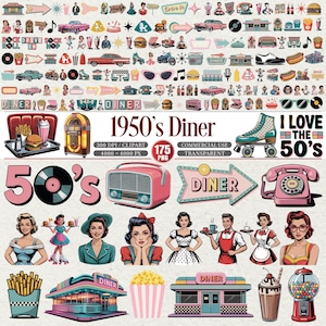 Puede incluir: Una colección de ilustraciones retro con temática de restaurantes de los años 1950. Incluye imágenes de una gramola, patines, letreros de restaurantes, una radio rosa, un teléfono y varios alimentos de restaurantes. Se muestra el texto "1950's Diner".