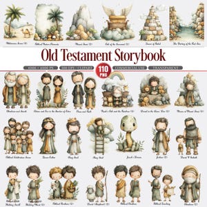 Pode incluir: Uma coleção de ilustrações em aquarela do Livro de Histórias do Antigo Testamento. As imagens incluem cenas do deserto, a Arca da Aliança e figuras bíblicas como Noé e Moisés. O texto "Old Testament Storybook" está presente.