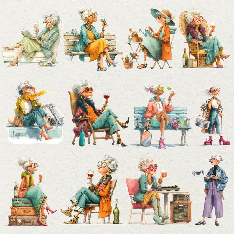 May include: Watercolor illustration of stylish elderly women in various poses, enjoying leisure activities. The women are depicted with glasses, holding drinks, and engaging in hobbies like reading and listening to music. The color palette includes soft pastels and vibrant accents.