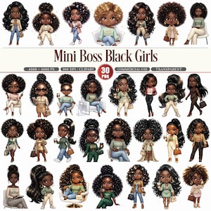 Puede incluir: Una ilustración digital con múltiples chicas negras de estilo chibi en varios atuendos y poses. La imagen incluye el texto "Mini Boss Black Girls" y detalles sobre el tamaño, la resolución y los derechos de uso de la imagen.
