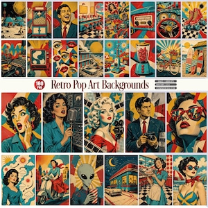 May include: A collection of retro pop art backgrounds featuring vibrant illustrations of mid-century scenes, including vintage cars, diners, stylized portraits of people, space themes, and household items, all presented in a bold, colorful graphic style.