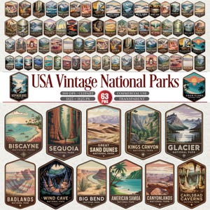 Pode incluir: Uma coleção de 63 ilustrações em estilo vintage dos Parques Nacionais dos EUA em forma hexagonal. As ilustrações apresentam várias paisagens, incluindo montanhas, cânions e costas. O texto "USA Vintage National Parks" é exibido acima.