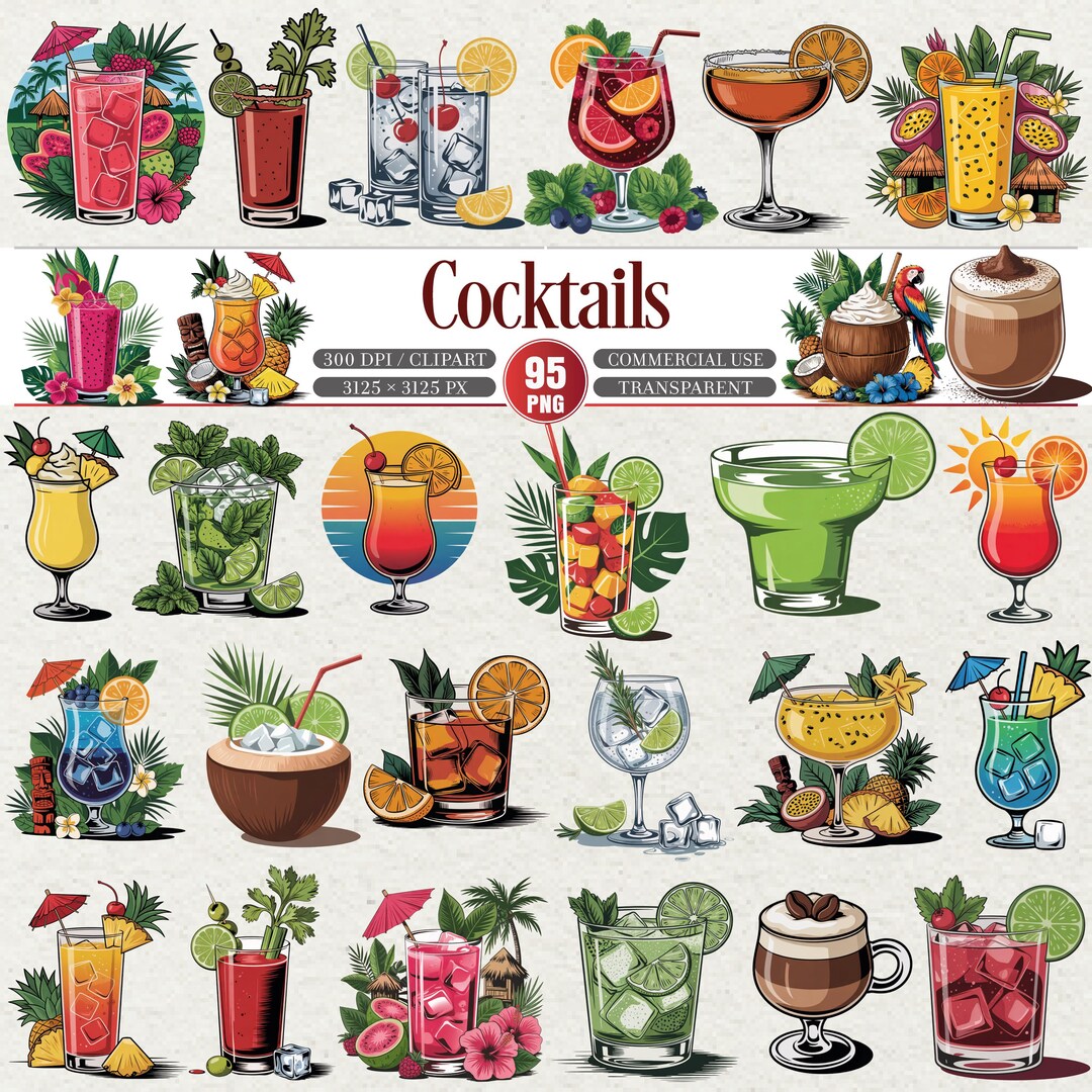 Cocktails Clipart Tropical Drinks Alcohol Beverage Illustration Png Set ...