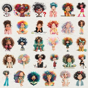 Peut inclure: Ensemble d'illustrations de dessins anim&eacute;s de filles aux cheveux boucl&eacute;s. Chaque fille a une coiffure unique et est repr&eacute;sent&eacute;e dans diff&eacute;rentes poses, certaines avec des lunettes ou des n&oelig;uds. Les illustrations pr&eacute;sentent une vari&eacute;t&eacute; de couleurs vives et de styles.