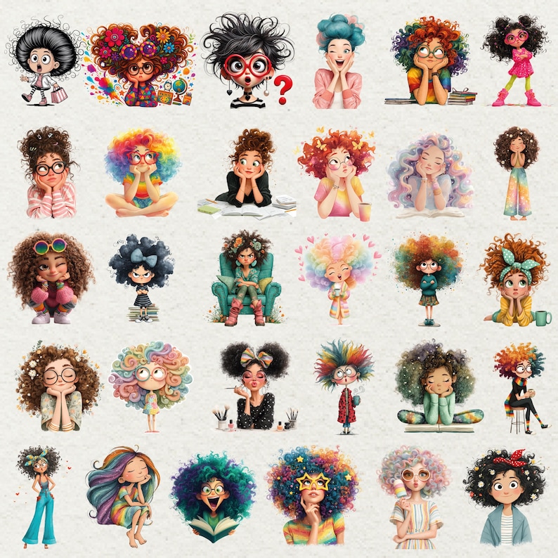 Peut inclure: Ensemble d'illustrations de dessins anim&eacute;s de filles aux cheveux boucl&eacute;s. Chaque fille a une coiffure unique et est repr&eacute;sent&eacute;e dans diff&eacute;rentes poses, certaines avec des lunettes ou des n&oelig;uds. Les illustrations pr&eacute;sentent une vari&eacute;t&eacute; de couleurs vives et de styles.