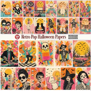 Peut inclure: Un ensemble de 120 papiers numériques intitulés Retro Pop Halloween Papers présentant des illustrations vibrantes de style rétro avec des squelettes, des fantômes, des sorcières et des scènes d'Halloween aux tons rose, orange, jaune et bleu.