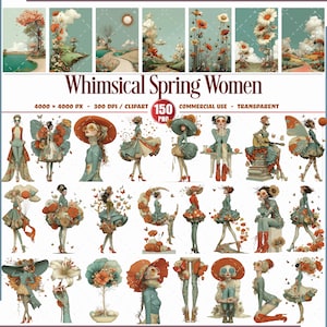 Puede incluir: Una colección de arte digital titulada "Whimsical Spring Women". La imagen presenta ilustraciones de mujeres con atuendos caprichosos con motivos florales y de mariposas, en tonos de verde azulado, naranja y crema. La obra de arte incluye fondos de paisajes y el texto "Whimsical Spring Women."
