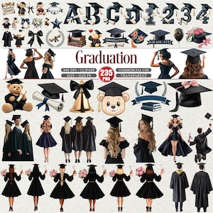 Może przedstawiać: Kolekcja cyfrowych clipartów o tematyce ukończenia szkoły. Zawiera ilustracje czapek absolwentów, dyplomów, pluszowych misiów i postaci w szatach. Słowo "Graduation" jest wyświetlane pośrodku. Do użytku komercyjnego.