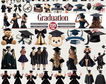 Paquete de imágenes prediseñadas de graduación, birretes, togas y diploma, alfabeto PNG