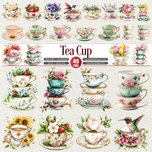 May include: A collection of watercolor tea cups and saucers, each adorned with floral designs and filled with flowers, berries, and hummingbirds. The image includes the text "Tea Cup" and details about the image's resolution and commercial use.
