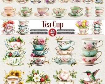 Vintage Floral Teetasse Clipart Bundle 40 PNG Transparent Kommerzielle Nutzung
