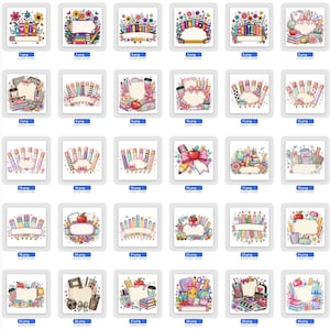 Puede incluir: Una colecci&oacute;n de treinta ilustraciones digitales con marcos y bordes de tem&aacute;tica escolar. Cada dise&ntilde;o incorpora l&aacute;pices de colores, libros, manzanas, flores y art&iacute;culos de papeler&iacute;a dispuestos alrededor de un espacio central en blanco.
