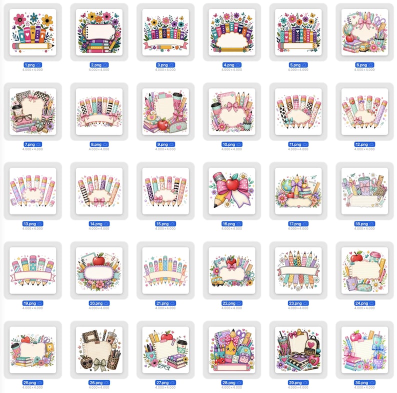 Puede incluir: Una colecci&oacute;n de treinta ilustraciones digitales con marcos y bordes de tem&aacute;tica escolar. Cada dise&ntilde;o incorpora l&aacute;pices de colores, libros, manzanas, flores y art&iacute;culos de papeler&iacute;a dispuestos alrededor de un espacio central en blanco.