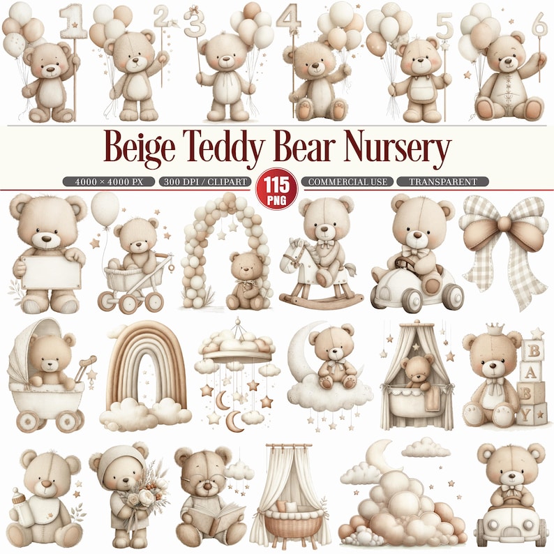 Beige Teddy Bear Nursery Clipart Bundle, 115 PNG Files - Etsy