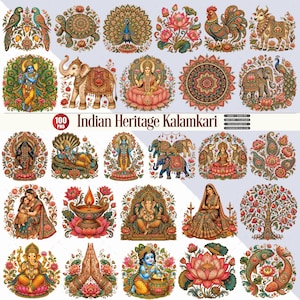 Indian Heritage Kalamkari Clipart Bundle, Hindu Deities and Floral Motifs