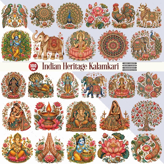 Indian Heritage Kalamkari Clipart Bundle, Hindu Deities and Floral Motifs
