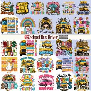 Puede incluir: Una colección de diseños gráficos digitales con autobuses escolares amarillos, girasoles, arcoíris y texto relacionado con conductores de autobús escolar. Las imágenes incluyen varios patrones, colores y eslóganes como Best Bus Driver Ever.