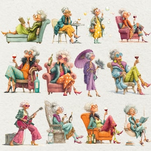 May include: Watercolor illustrations of stylish elderly women enjoying leisure activities. Each woman is depicted in fashionable attire, holding items like wine glasses, books, guitars, and umbrellas. The artwork features a whimsical and vibrant color palette, showcasing a playful and elegant theme.