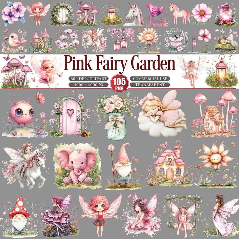 Pink Fairy Garden Clipart Bundle PNG Fantasy Forest Set - Etsy