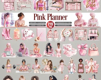 以下が含まれることがあります： 女性、ファッションアイテム、オフィス用品のイラストなど、ピンクをテーマにしたデジタルクリップアート要素のコレクション。画像には「Pink Planner」と「Boss Babe」の文字が含まれています。クリップアートは商用利用向けで、透明です。