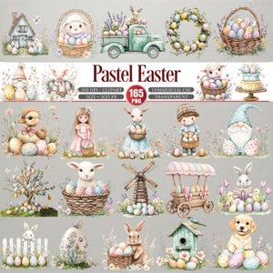 Può includere: Una collezione di illustrazioni ad acquerello con tema pasquale pastello. Le immagini includono coniglietti, agnelli, uova, cestini e un camioncino vintage. Il testo recita "Pastel Easter".