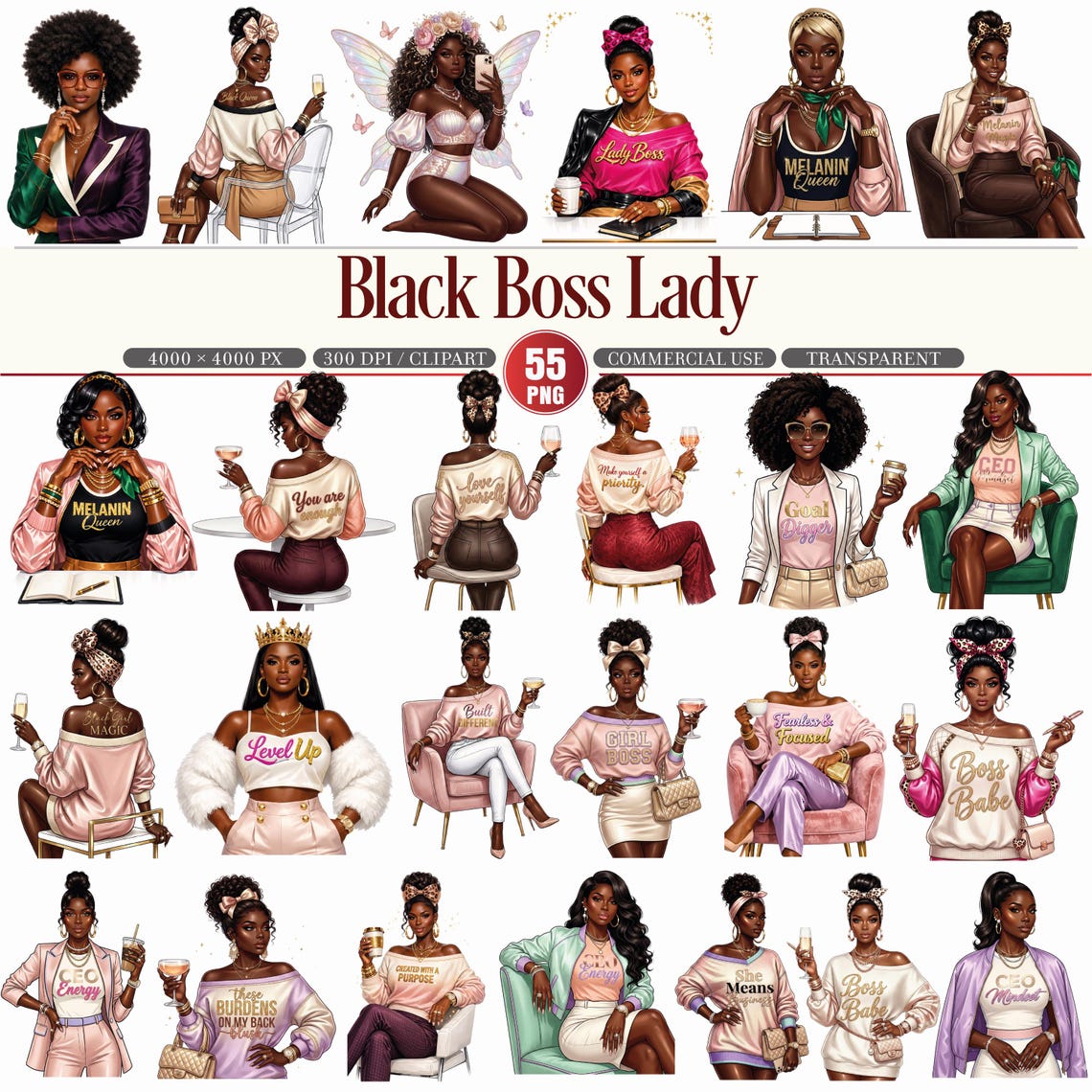 Black Boss Lady Clipart Bundle 55 PNG Fashion Illustrations - Etsy