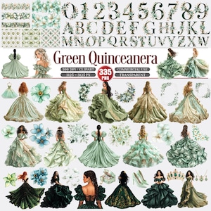 May include: Digital clipart set featuring elegant green quinceañera dresses, floral accents, numbers, and the alphabet. The text "Green Quinceanera" is displayed prominently. Includes transparent PNG files for commercial use.
