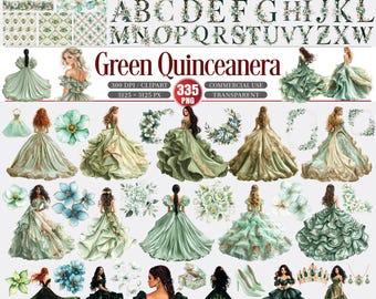 Elegante jurkbundel met groene quinceanera-clipart, png