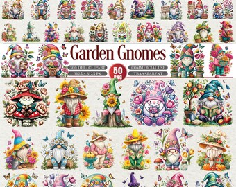 Paquete de 50 imágenes prediseñadas de gnomos de jardín de primavera