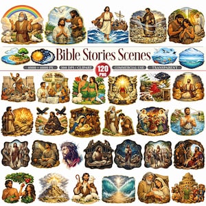 Può includere: Una collezione di 120 immagini PNG raffiguranti scene di storie bibliche. Le immagini mostrano vari eventi biblici, tra cui figure come Gesù, Noè e Adamo ed Eva. Le illustrazioni sono colorate e dettagliate, adatte per uso commerciale.