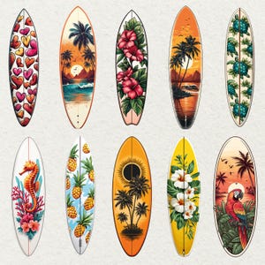 May include: A selection of ten surfboards, each with a unique design. The boards showcase heart patterns, tropical scenes with palm trees and sunsets, hibiscus flowers, sea turtles, seahorses, pineapples, and a parrot. Each board has a distinct colour scheme.